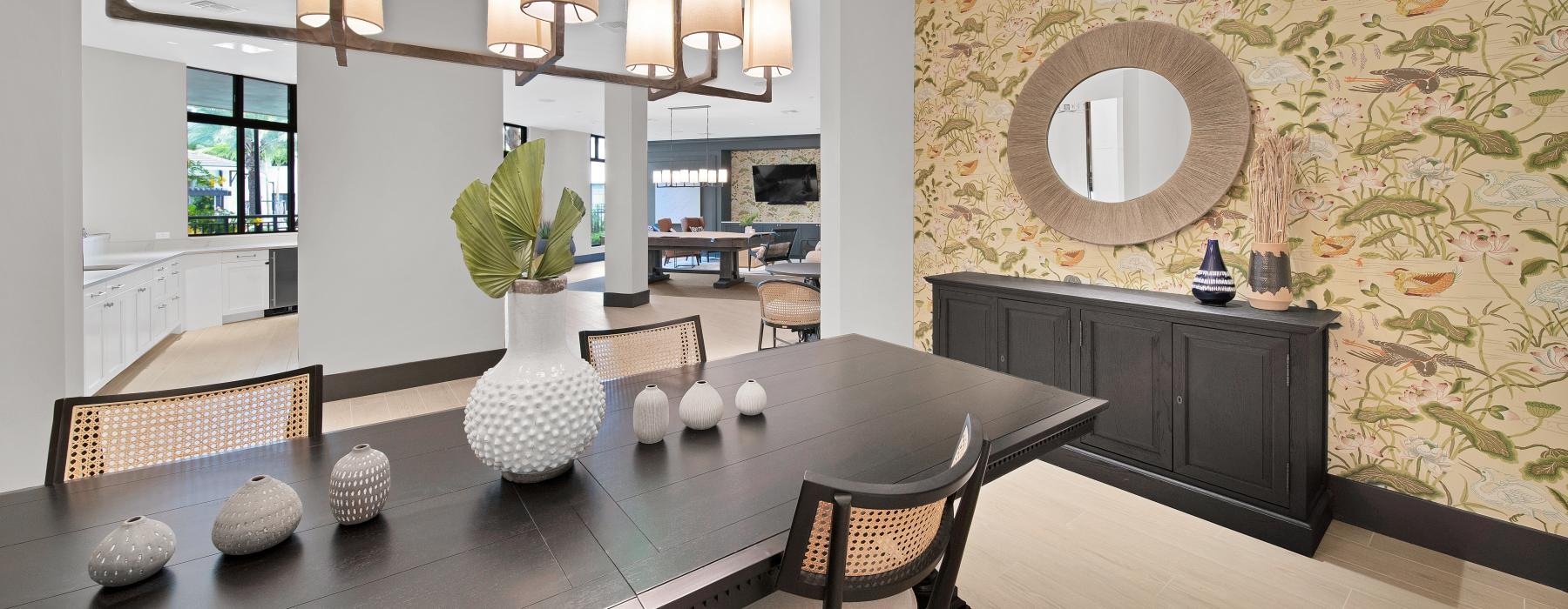 dining area in clubhouse with large table and chairs